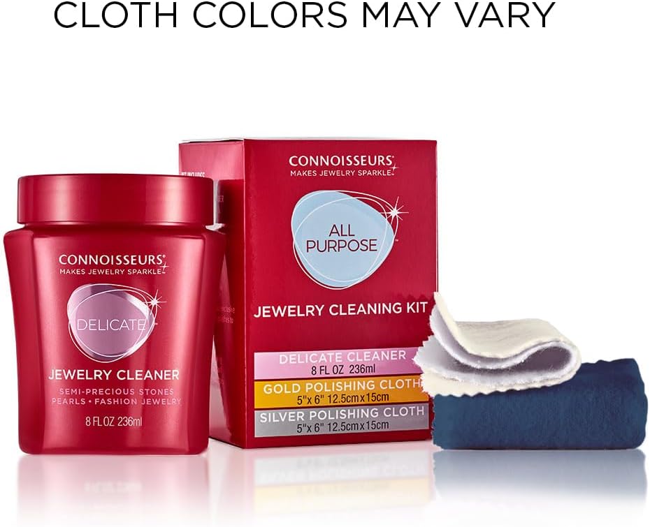 CONNOISSEURS - All-Purpose Jewelry Cleaning Kit | Includes Delicate Jewelry Cleaner Solution and 2 Polishing Cloths