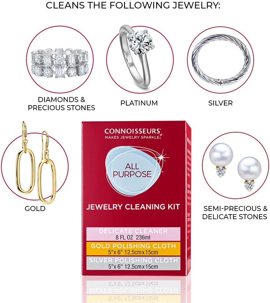CONNOISSEURS - All-Purpose Jewelry Cleaning Kit | Includes Delicate Jewelry Cleaner Solution and 2 Polishing Cloths