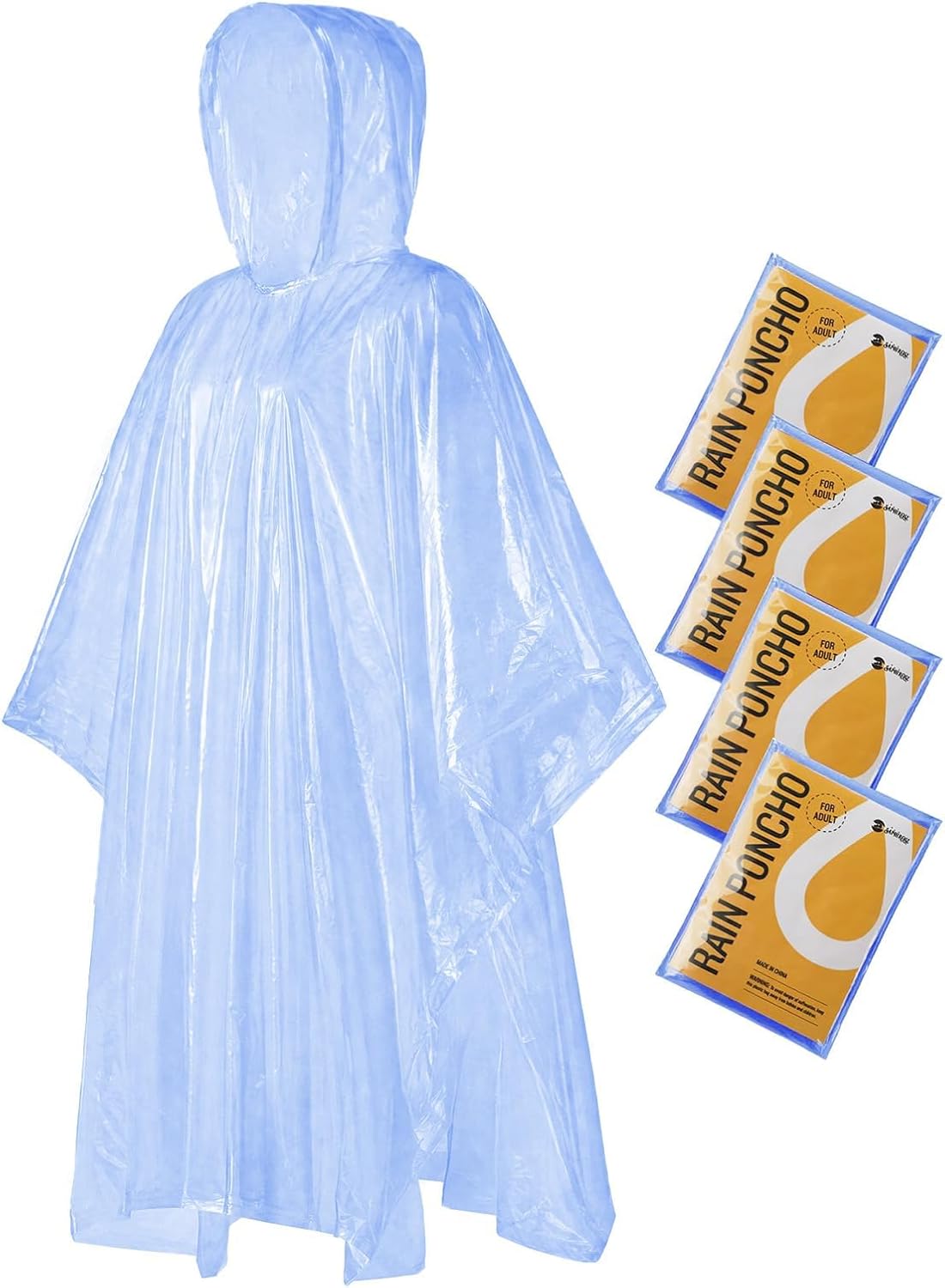 SaphiRose Disposable Rain Ponchos Emergency Clear Poncho (4 pack. Clear) | Value Pack. Compact Individual Pouch. Waterproof Thicker PE. for Travel Theme Parks Camping Hiking Festivals Emergency Kits
