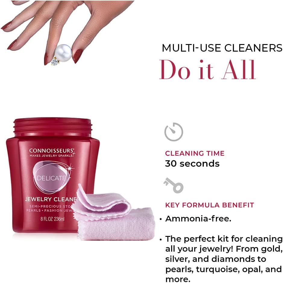CONNOISSEURS - All-Purpose Jewelry Cleaning Kit | Includes Delicate Jewelry Cleaner Solution and 2 Polishing Cloths