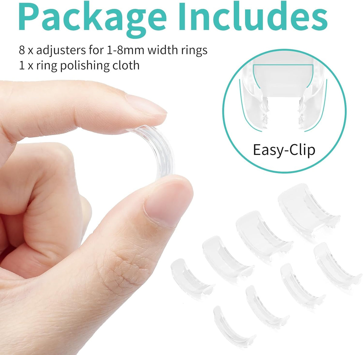 Ottemax Ring Sizers for Loose Rings. 8 Pack 8 Sizes. Ring Size Adjuster. Invisible Ring Guards for Women and Men. Resizer with Polishing Cloth .Fits Bands Width to 1-8mm
