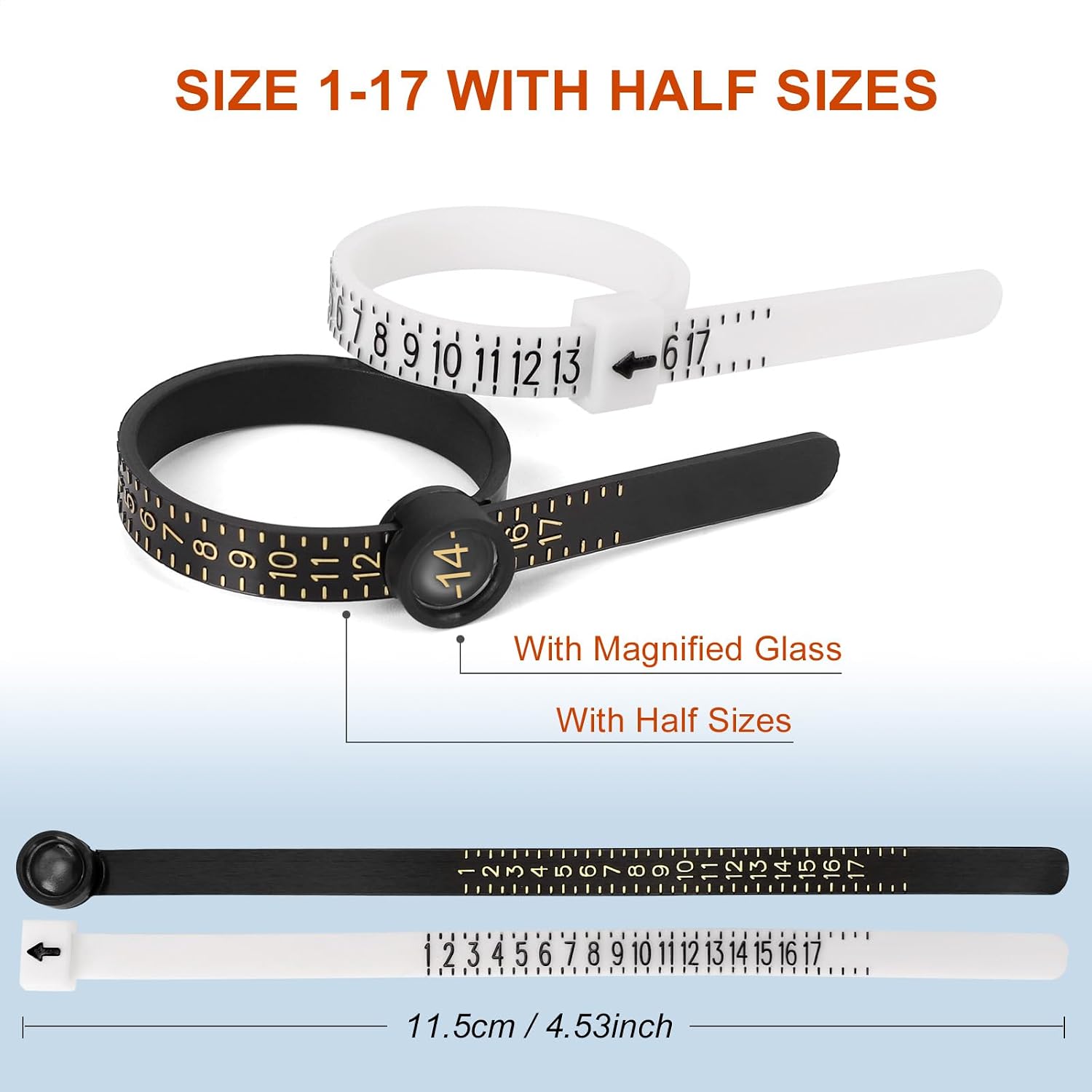 Ring Sizer Measuring Tool Kit Upgraded. 27 PCS Stainless Steel Measuring Ring Tool. US Ring Size 0-13 with Half Size. 2 PCS Reusable Finger Size 1-17 USA Rings Size with Magnified Glass
