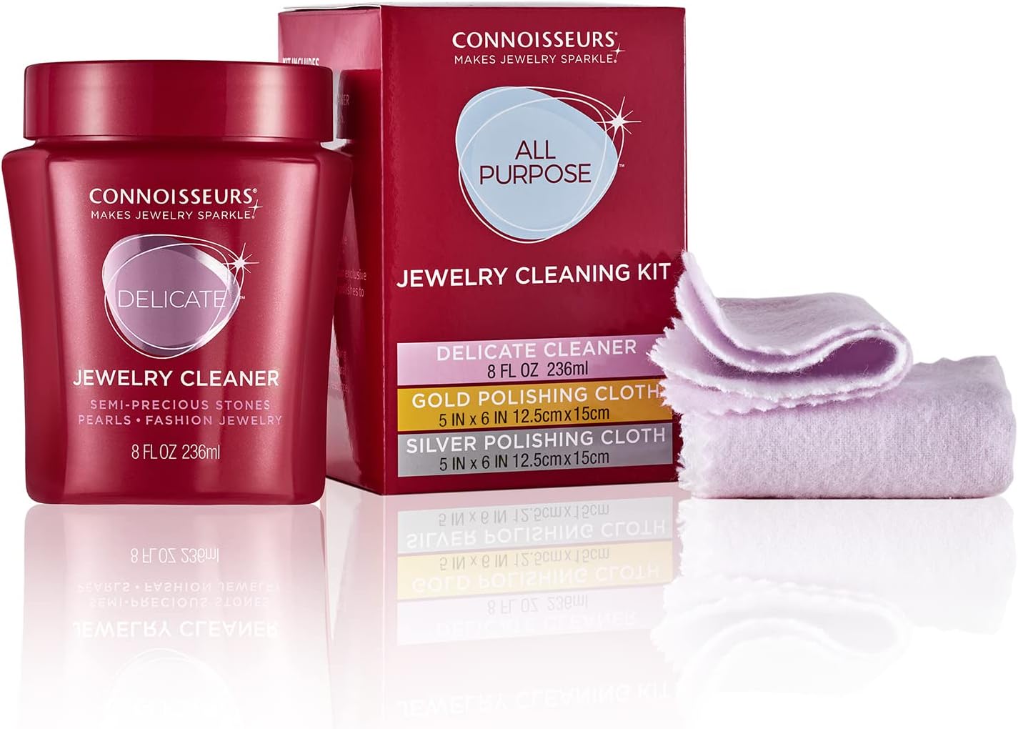 CONNOISSEURS - All-Purpose Jewelry Cleaning Kit | Includes Delicate Jewelry Cleaner Solution and 2 Polishing Cloths