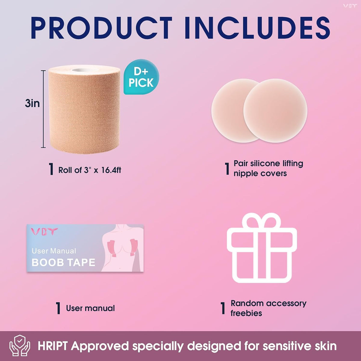 VBT Boob Tape - Breast Lift Tape. Body Tape for Breast Lift w 2 Pcs Silicone Breast Reusable Adhesive Bra. Bob Tape for Large Breasts A-G Cup