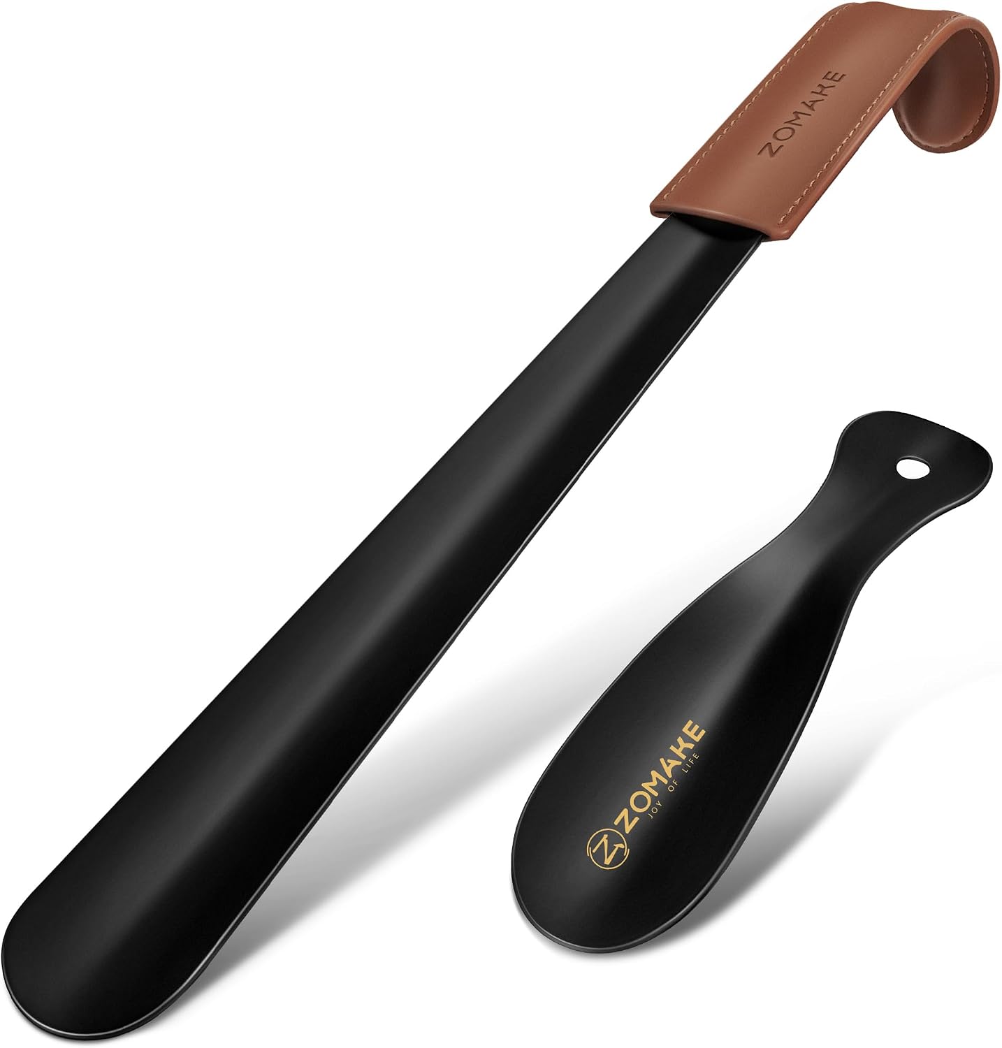 ZOMAKE Shoe Horn Long Handle for Seniors Men Women. Metal Shoehorn 16.5 | Stainless Steel Long Boot Horn. Travel Small Shoe Spoon Helper 7.5. Anti-Slip Leather Grip. No Bending Over. Shoe Protection
