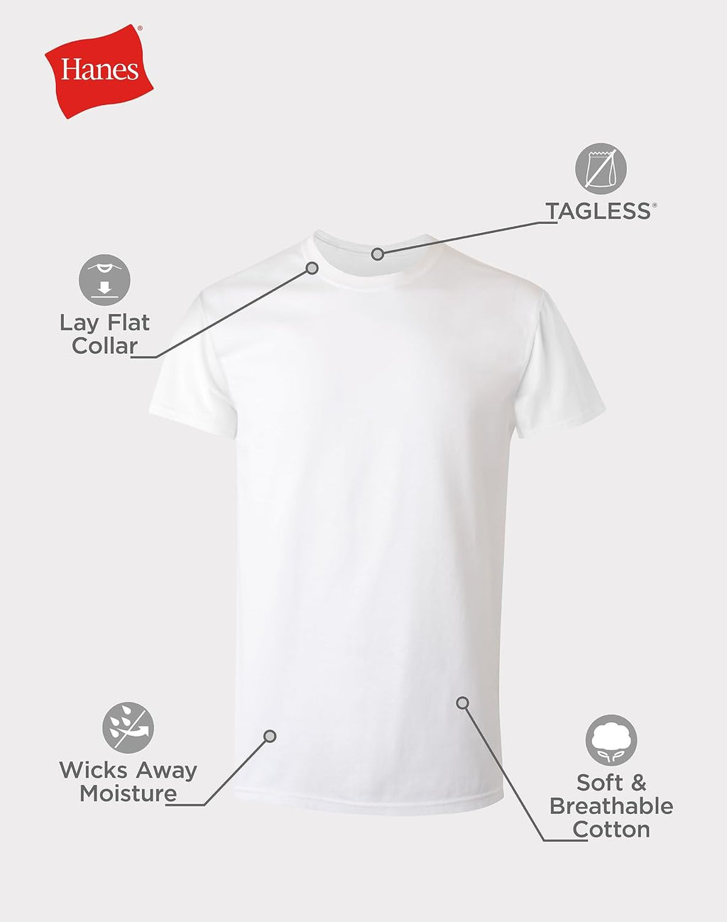 Hanes Mens Cotton. Moisture-wicking Crew Tee Undershirts. Multi-packs. White - 6 Pack. Large US