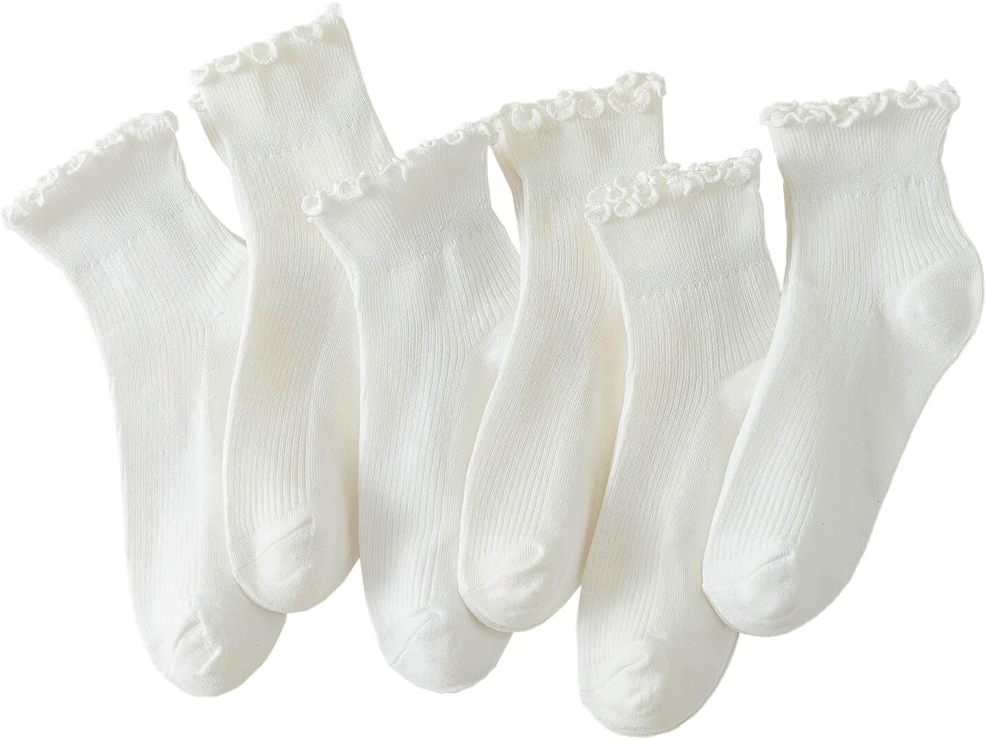 Hstyle Ruffle Socks Women. 6 Pairs of White Breathable Cool Ankle Socks