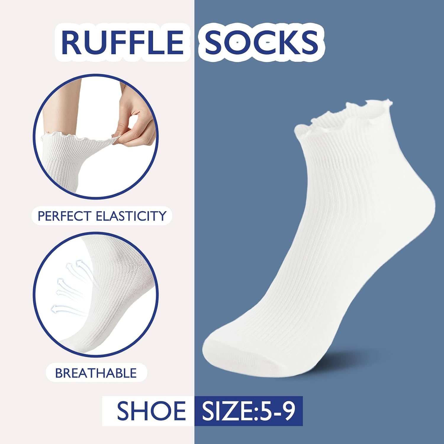 Hstyle Ruffle Socks Women. 6 Pairs of White Breathable Cool Ankle Socks