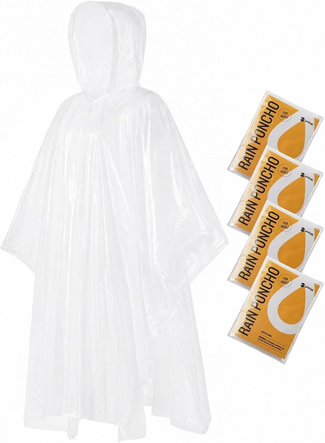 SaphiRose Disposable Rain Ponchos Emergency Clear Poncho (4 pack. Clear) | Value Pack. Compact Individual Pouch. Waterproof Thicker PE. for Travel Theme Parks Camping Hiking Festivals Emergency Kits