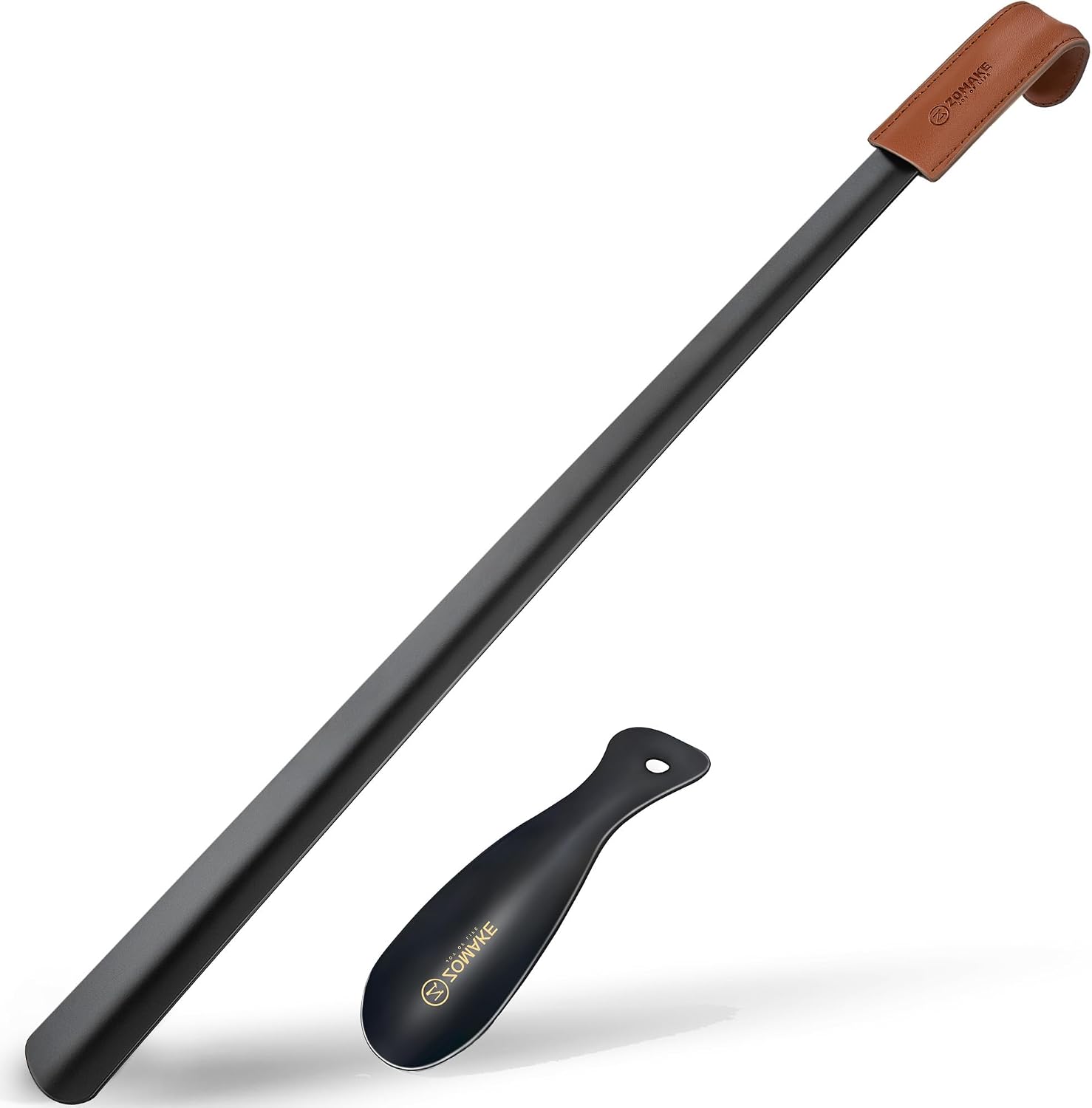 ZOMAKE Shoe Horn Long Handle for Seniors Men Women. Metal Shoehorn 16.5 | Stainless Steel Long Boot Horn. Travel Small Shoe Spoon Helper 7.5. Anti-Slip Leather Grip. No Bending Over. Shoe Protection