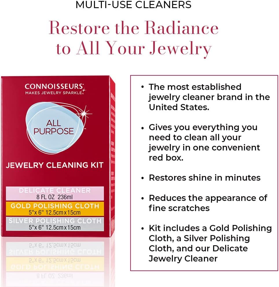 CONNOISSEURS - All-Purpose Jewelry Cleaning Kit | Includes Delicate Jewelry Cleaner Solution and 2 Polishing Cloths