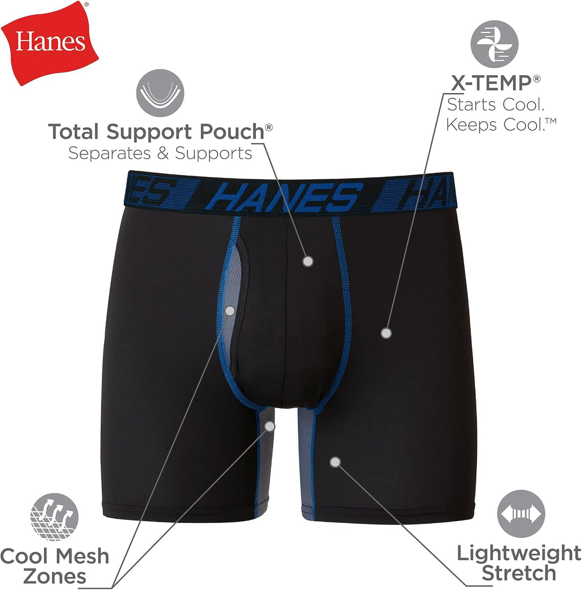 Hanes Mens Total Support Pouch Pack. X-temp Cooling. Anti-chafing. Moisture-wicking Underwear. Trunks Available Boxer Briefs. Regular Leg - Black. Large US at Amazon Men's Clothing store