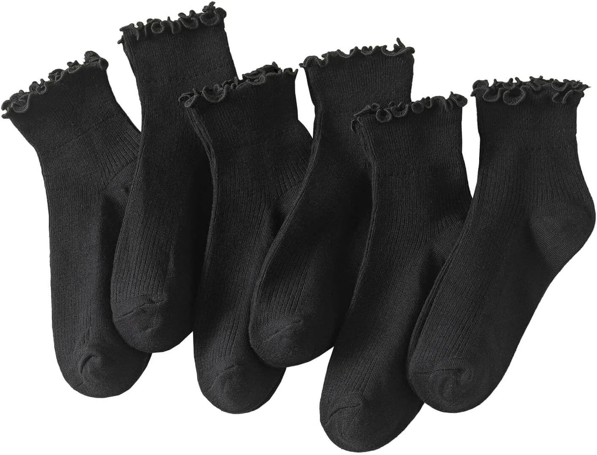 Hstyle Ruffle Socks Women. 6 Pairs of White Breathable Cool Ankle Socks