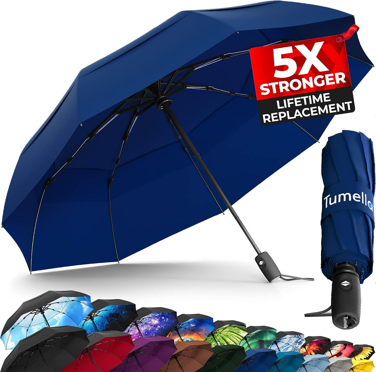 TUMELLA Strongest Windproof Travel Umbrella (Compact. 100MPH Wind-Tested) | Light. Portable. One-Handed Use. Automatic Folding Rain Umbrella. Durable. Premium Grip. Fits Car & Backpack