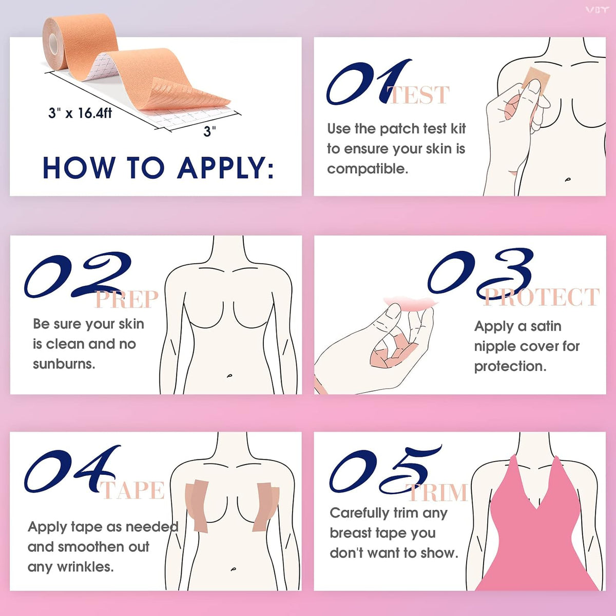VBT Boob Tape - Breast Lift Tape. Body Tape for Breast Lift w 2 Pcs Silicone Breast Reusable Adhesive Bra. Bob Tape for Large Breasts A-G Cup