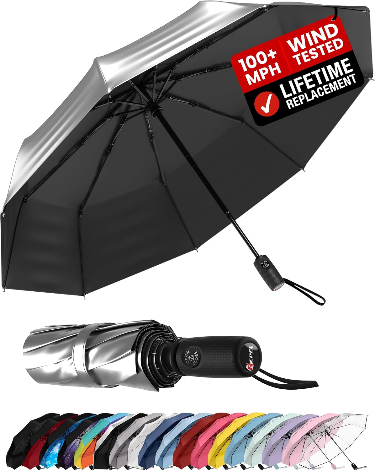 Windproof Travel Umbrella - Compact & Withstands Winds up to 100MPH. Strongest Premium Auto Folding Umbrella for Rain and Sun - Durable. Light & Portable for Women & Men. Fits Backpack & Cars