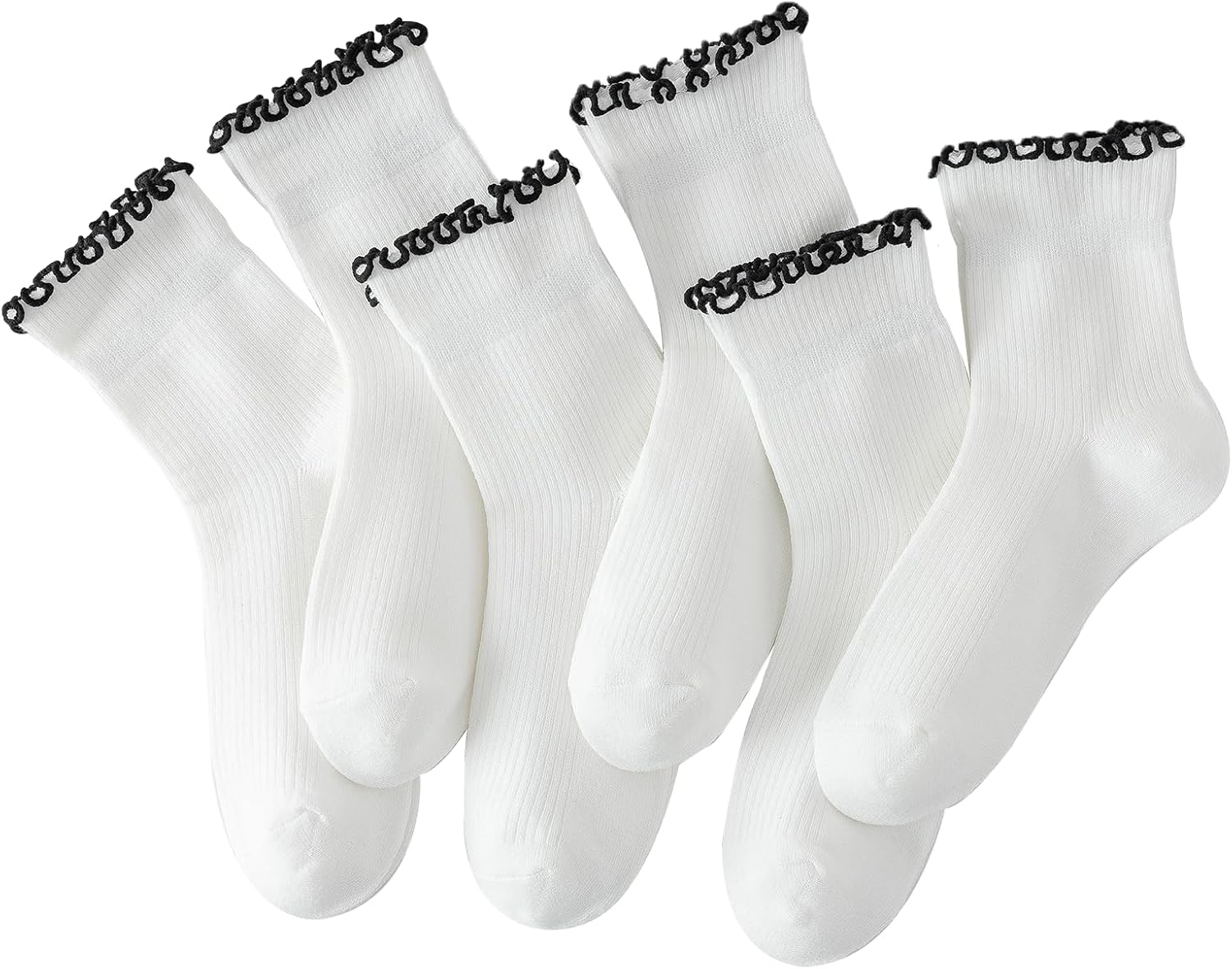 Hstyle Ruffle Socks Women. 6 Pairs of White Breathable Cool Ankle Socks