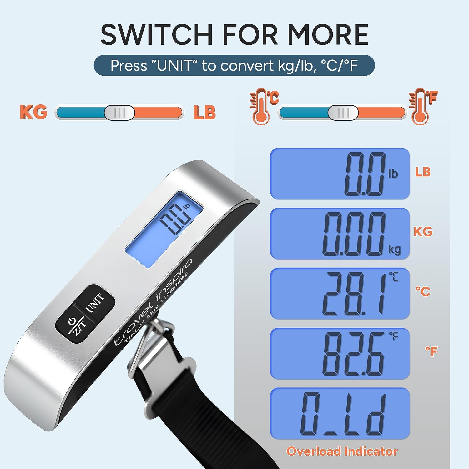 Amazon.com | travel inspira Luggage Scale Digital Suitcase Weight Scale for Travel | Blue Backlight. Rubber Paint Handle. Tare & Data Lock. Auto-Off. Battery Included. 110 Pounds. Travel Essentials | Luggage Scales