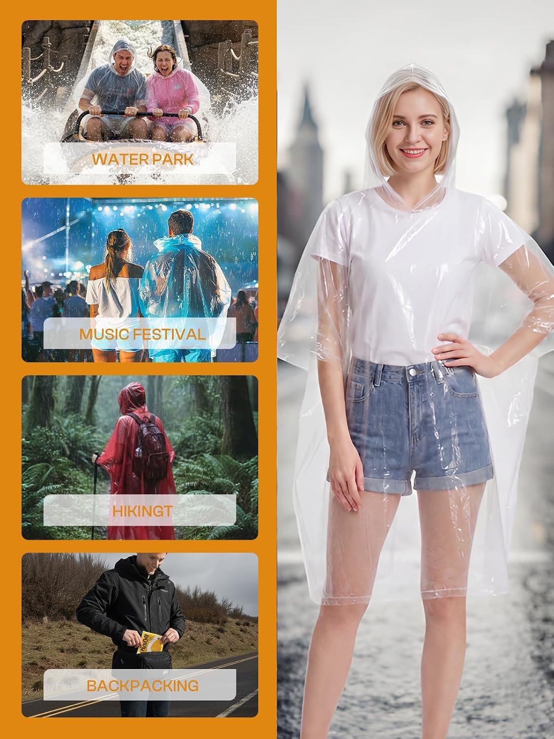 SaphiRose Disposable Rain Ponchos Emergency Clear Poncho (4 pack. Clear) | Value Pack. Compact Individual Pouch. Waterproof Thicker PE. for Travel Theme Parks Camping Hiking Festivals Emergency Kits