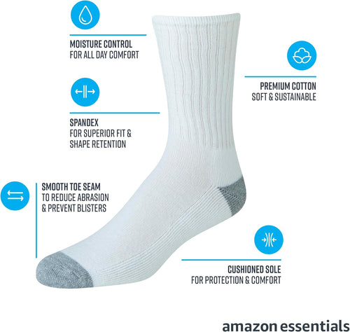 Amazon Essentials Men's Standard 10-Pack Cotton Half Cushioned Crew Socks. Black. Shoe Size