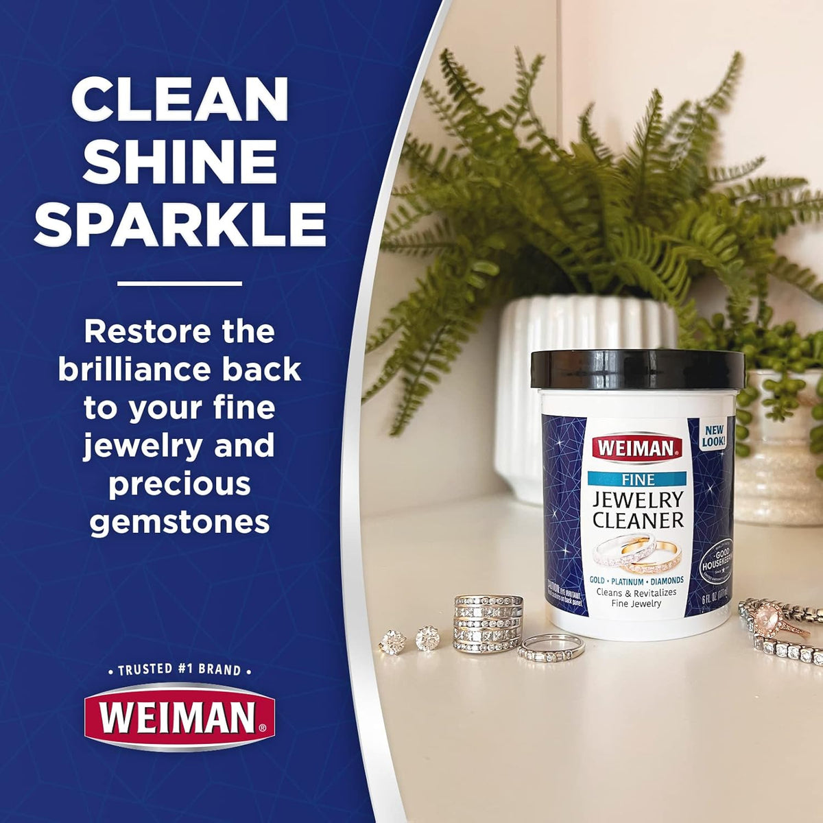 Weiman Fine Jewelry Cleaner Liquid with Cleaning Brush – Restores Shine & Brilliance to Gold. Platinum. Precious Gemstones & Diamond Jewelry. 6 Oz