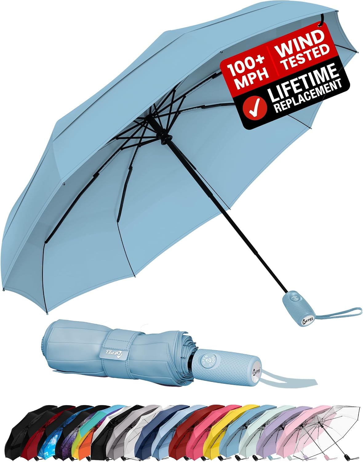 Windproof Travel Umbrella - Compact & Withstands Winds up to 100MPH. Strongest Premium Auto Folding Umbrella for Rain and Sun - Durable. Light & Portable for Women & Men. Fits Backpack & Cars