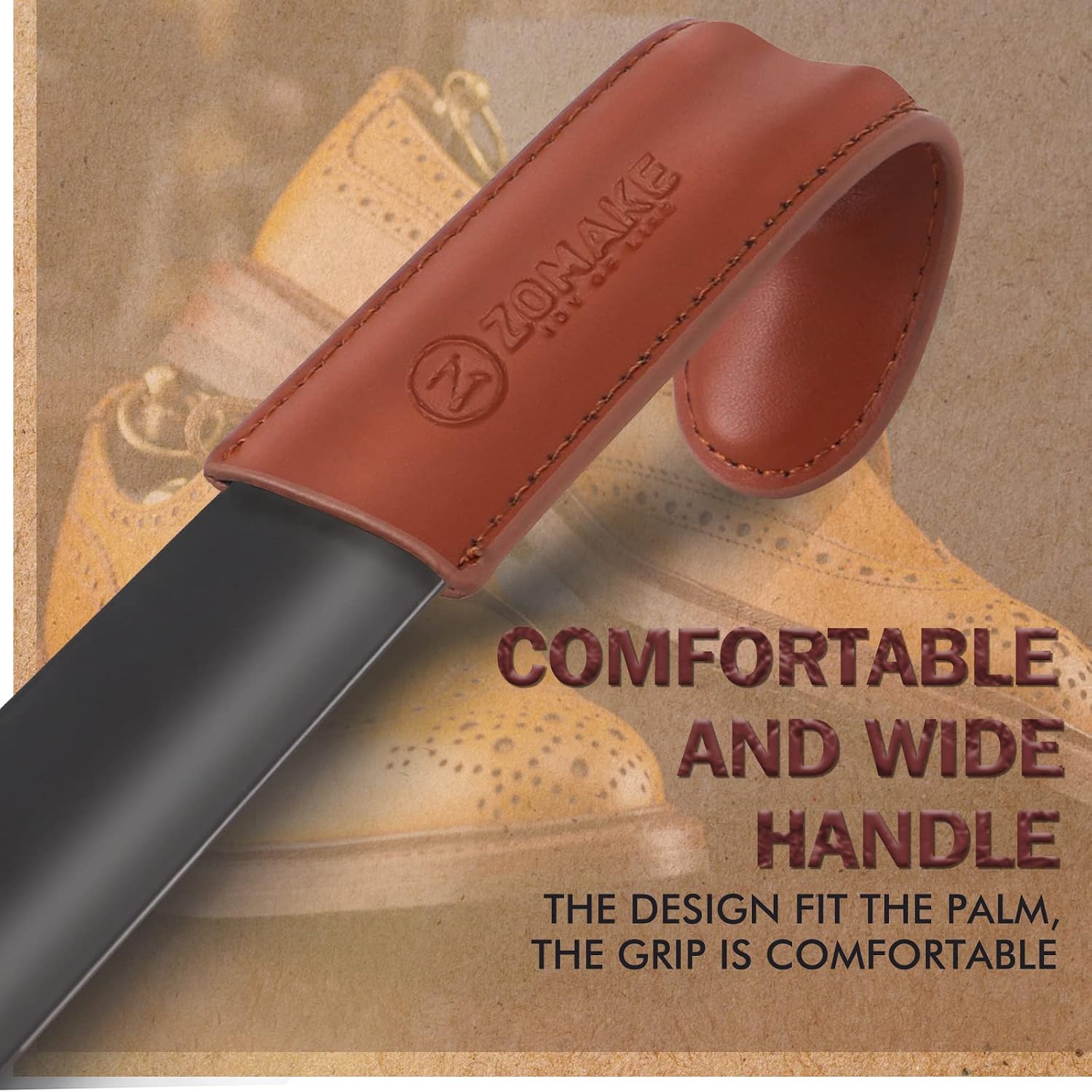 ZOMAKE Shoe Horn Long Handle for Seniors Men Women. Metal Shoehorn 16.5 | Stainless Steel Long Boot Horn. Travel Small Shoe Spoon Helper 7.5. Anti-Slip Leather Grip. No Bending Over. Shoe Protection