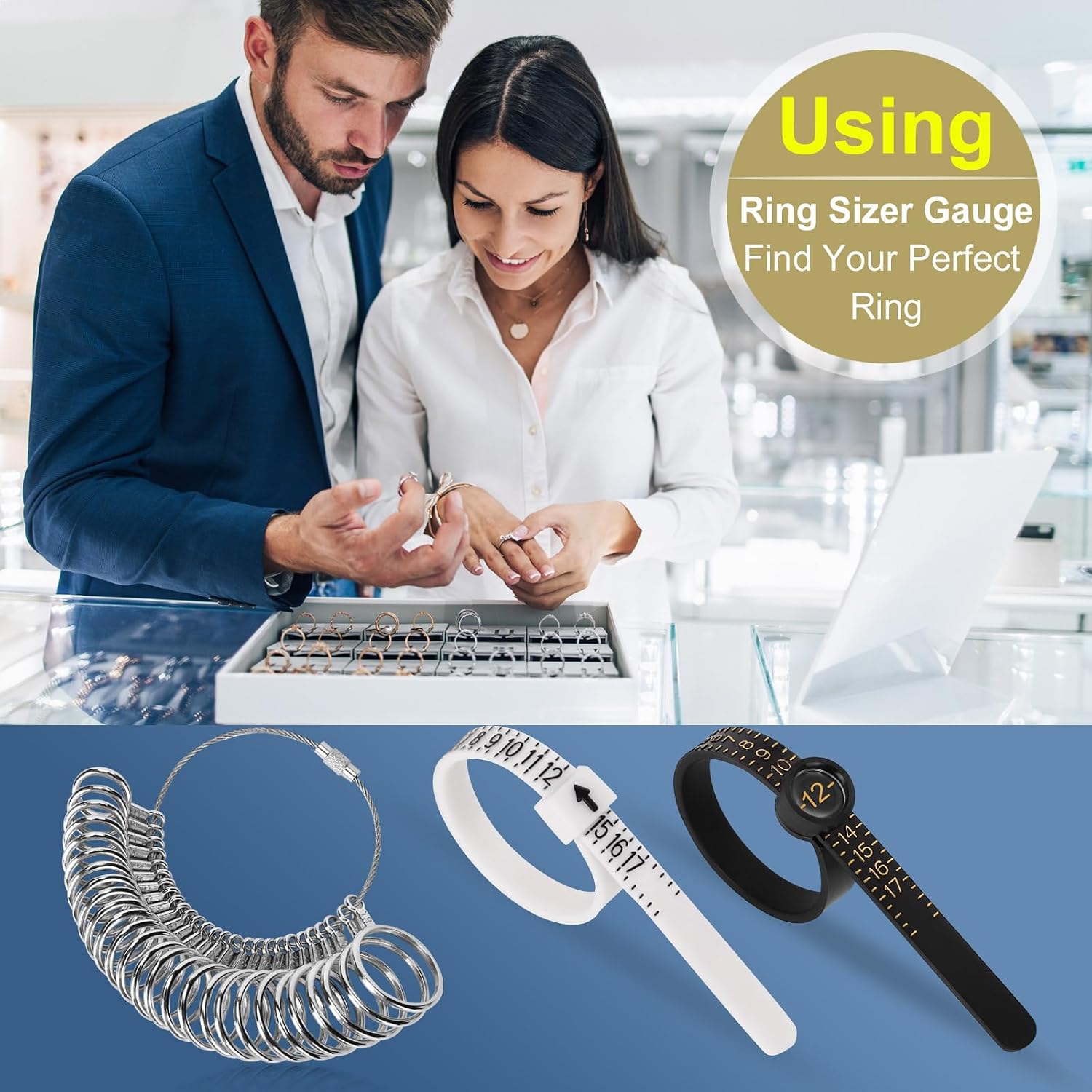 Ring Sizer Measuring Tool Kit Upgraded. 27 PCS Stainless Steel Measuring Ring Tool. US Ring Size 0-13 with Half Size. 2 PCS Reusable Finger Size 1-17 USA Rings Size with Magnified Glass
