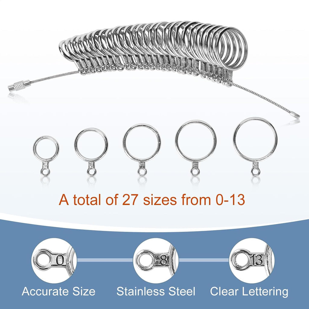Ring Sizer Measuring Tool Kit Upgraded. 27 PCS Stainless Steel Measuring Ring Tool. US Ring Size 0-13 with Half Size. 2 PCS Reusable Finger Size 1-17 USA Rings Size with Magnified Glass