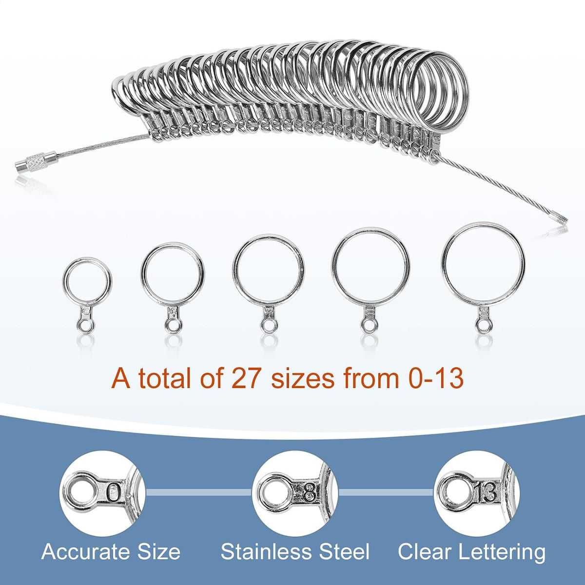 Ring Sizer Measuring Tool Kit Upgraded. 27 PCS Stainless Steel Measuring Ring Tool. US Ring Size 0-13 with Half Size. 2 PCS Reusable Finger Size 1-17 USA Rings Size with Magnified Glass