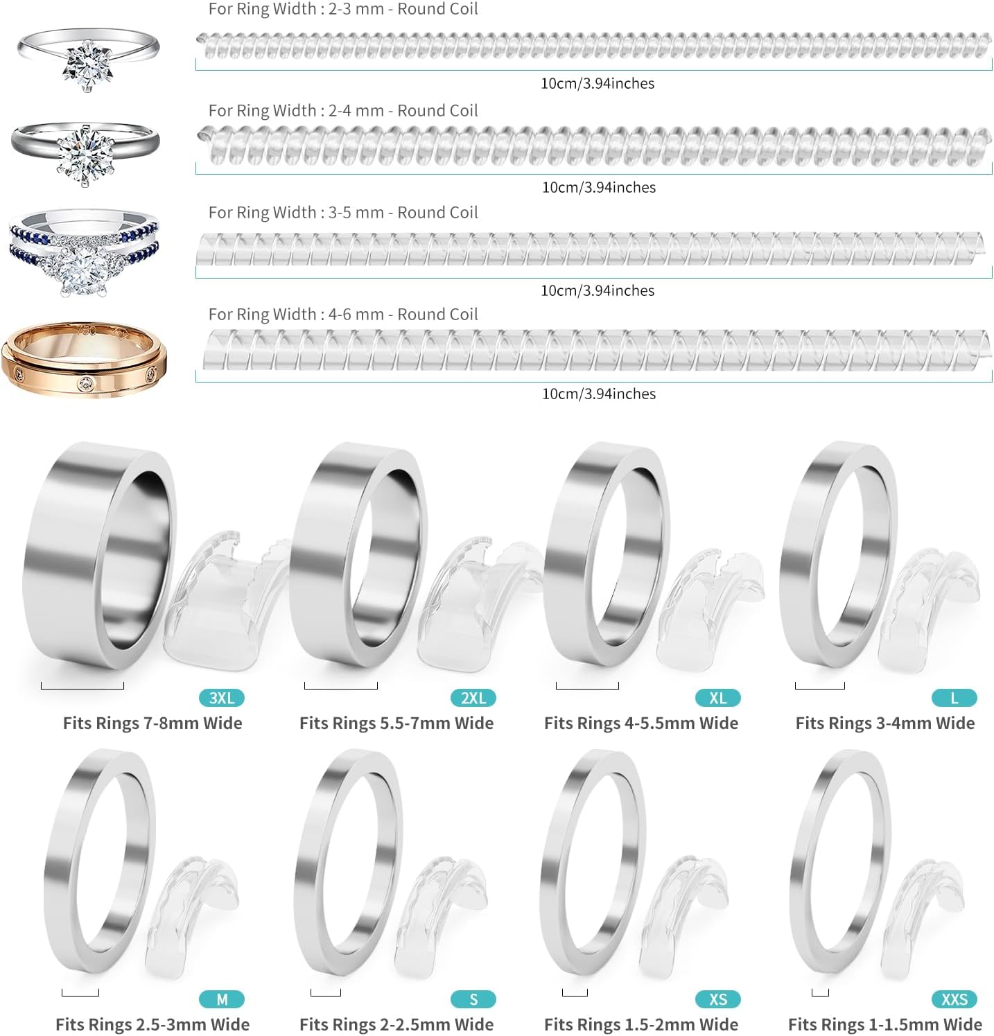 Ottemax Ring Sizers for Loose Rings - 12Pack. 12 Sizes. Ring Guards for Women& Men Loose Rings. Invisible Resizer Design for Spacers & Tighteners. Fits Bands Width to 1mm-8mm