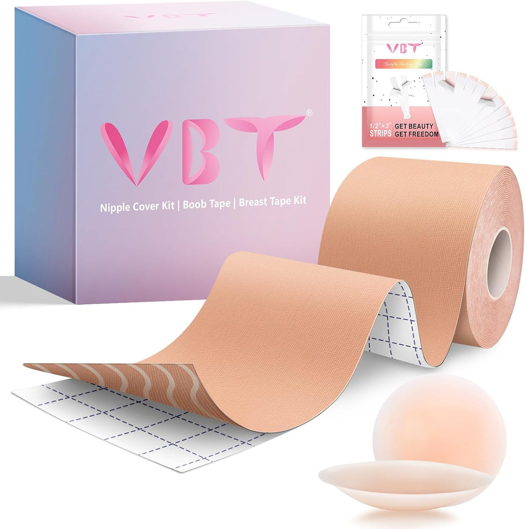 VBT Boob Tape - Breast Lift Tape. Body Tape for Breast Lift w 2 Pcs Silicone Breast Reusable Adhesive Bra. Bob Tape for Large Breasts A-G Cup