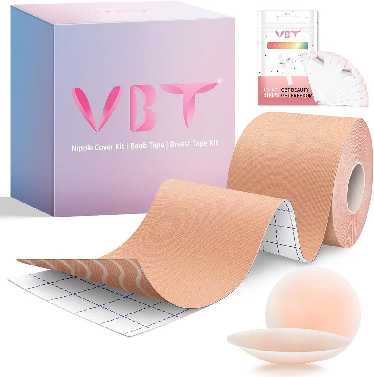 VBT Boob Tape - Breast Lift Tape. Body Tape for Breast Lift w 2 Pcs Silicone Breast Reusable Adhesive Bra. Bob Tape for Large Breasts A-G Cup