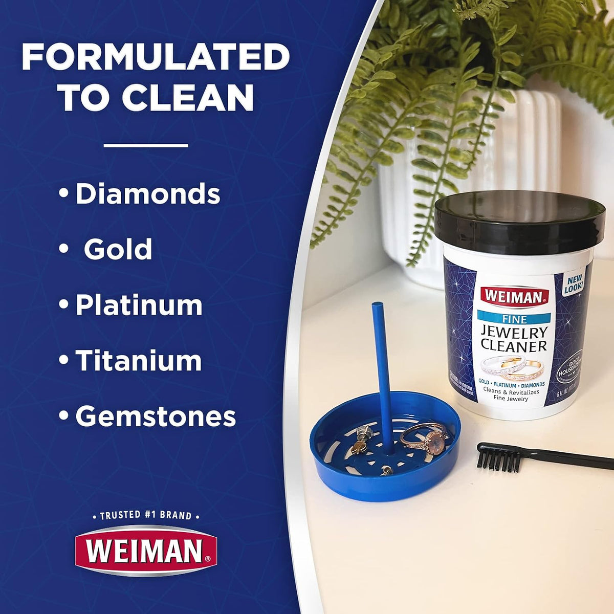 Weiman Fine Jewelry Cleaner Liquid with Cleaning Brush – Restores Shine & Brilliance to Gold. Platinum. Precious Gemstones & Diamond Jewelry. 6 Oz
