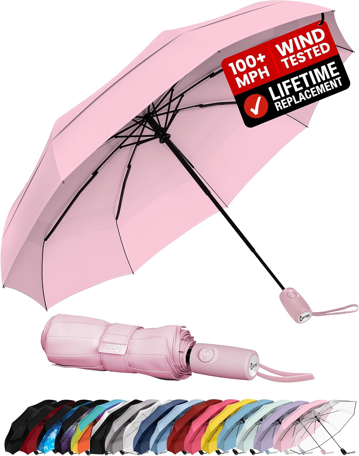 Windproof Travel Umbrella - Compact & Withstands Winds up to 100MPH. Strongest Premium Auto Folding Umbrella for Rain and Sun - Durable. Light & Portable for Women & Men. Fits Backpack & Cars