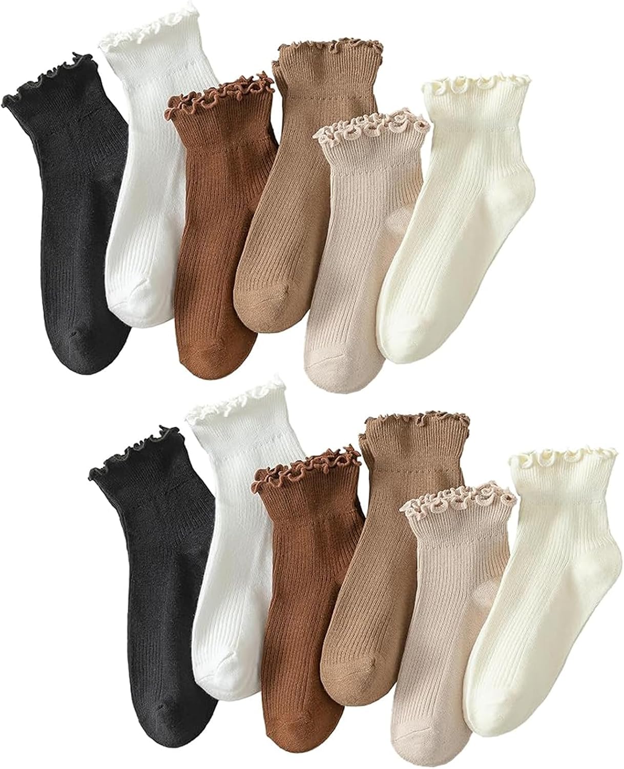 Hstyle Ruffle Socks Women. 6 Pairs of White Breathable Cool Ankle Socks