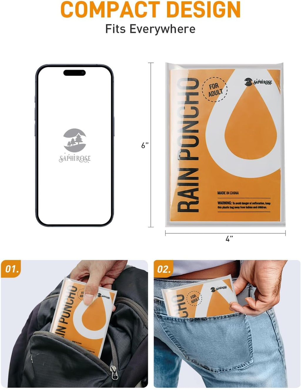 SaphiRose Disposable Rain Ponchos Emergency Clear Poncho (4 pack. Clear) | Value Pack. Compact Individual Pouch. Waterproof Thicker PE. for Travel Theme Parks Camping Hiking Festivals Emergency Kits
