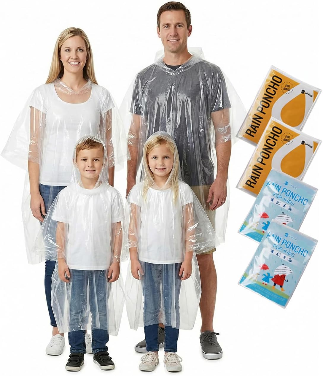 SaphiRose Disposable Rain Ponchos Emergency Clear Poncho (4 pack. Clear) | Value Pack. Compact Individual Pouch. Waterproof Thicker PE. for Travel Theme Parks Camping Hiking Festivals Emergency Kits