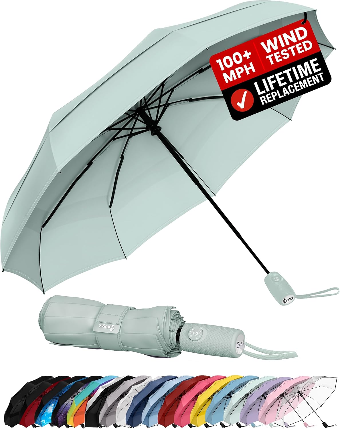 Windproof Travel Umbrella - Compact & Withstands Winds up to 100MPH. Strongest Premium Auto Folding Umbrella for Rain and Sun - Durable. Light & Portable for Women & Men. Fits Backpack & Cars