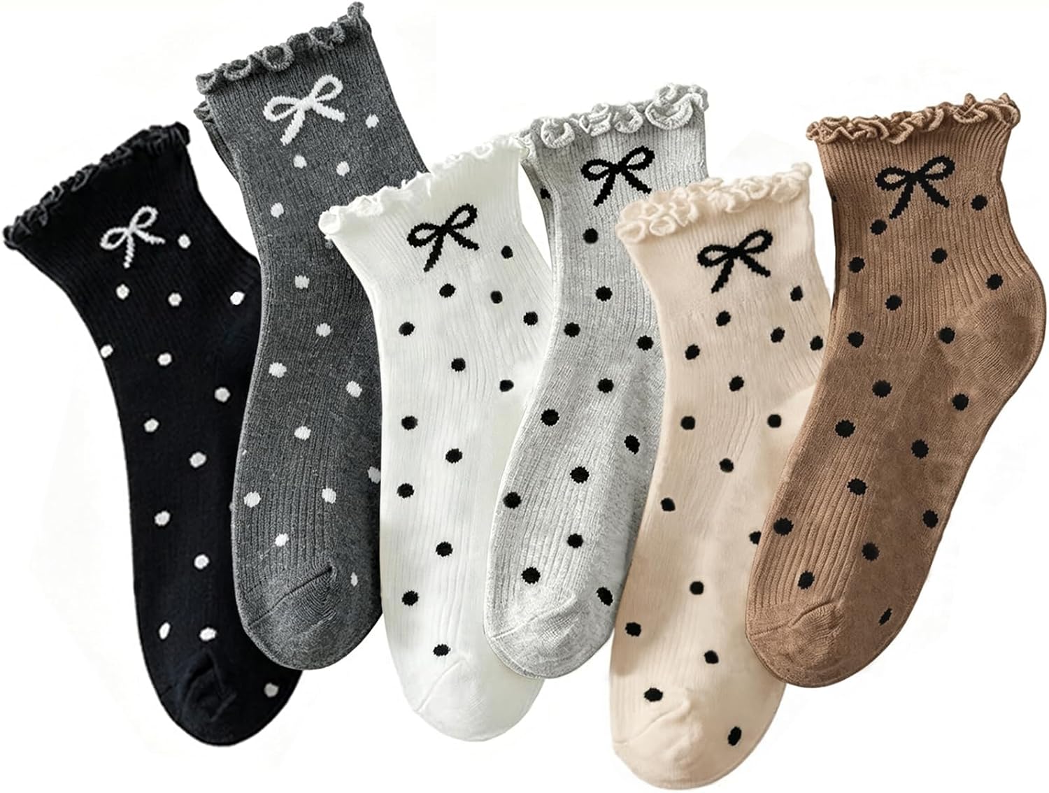Hstyle Ruffle Socks Women. 6 Pairs of White Breathable Cool Ankle Socks