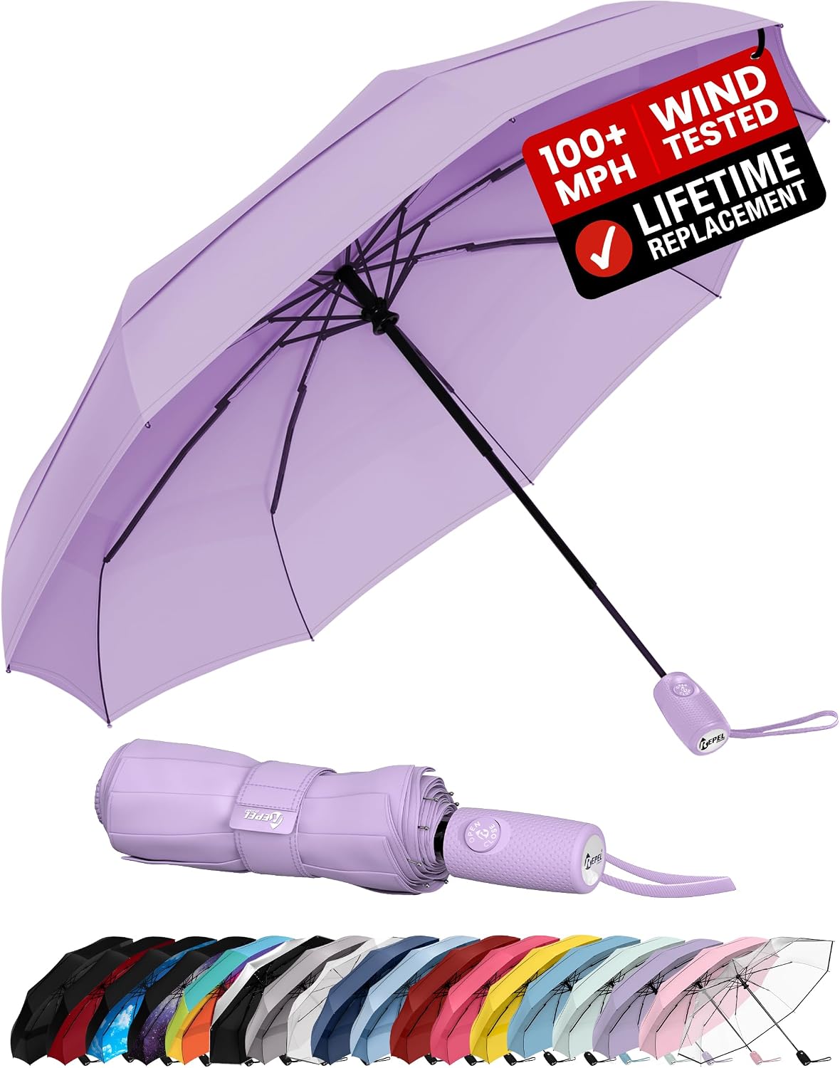 Windproof Travel Umbrella - Compact & Withstands Winds up to 100MPH. Strongest Premium Auto Folding Umbrella for Rain and Sun - Durable. Light & Portable for Women & Men. Fits Backpack & Cars