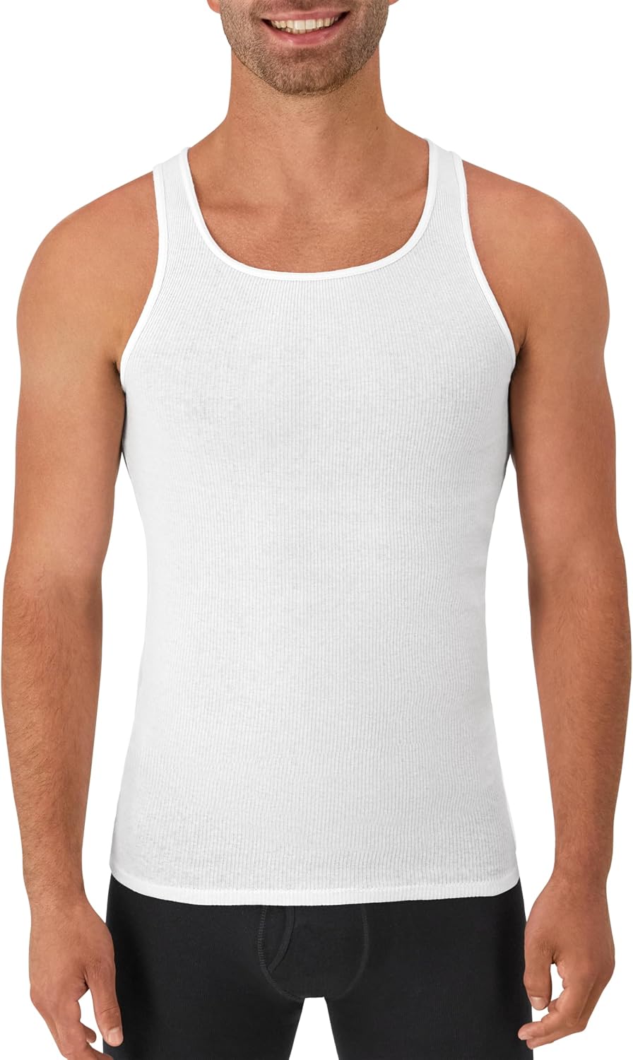 Hanes Men Tank Top Undershirt Pack. Cool & Breathable Cotton. Moisture-Wicking Ribbed Tanks for Men. White - L