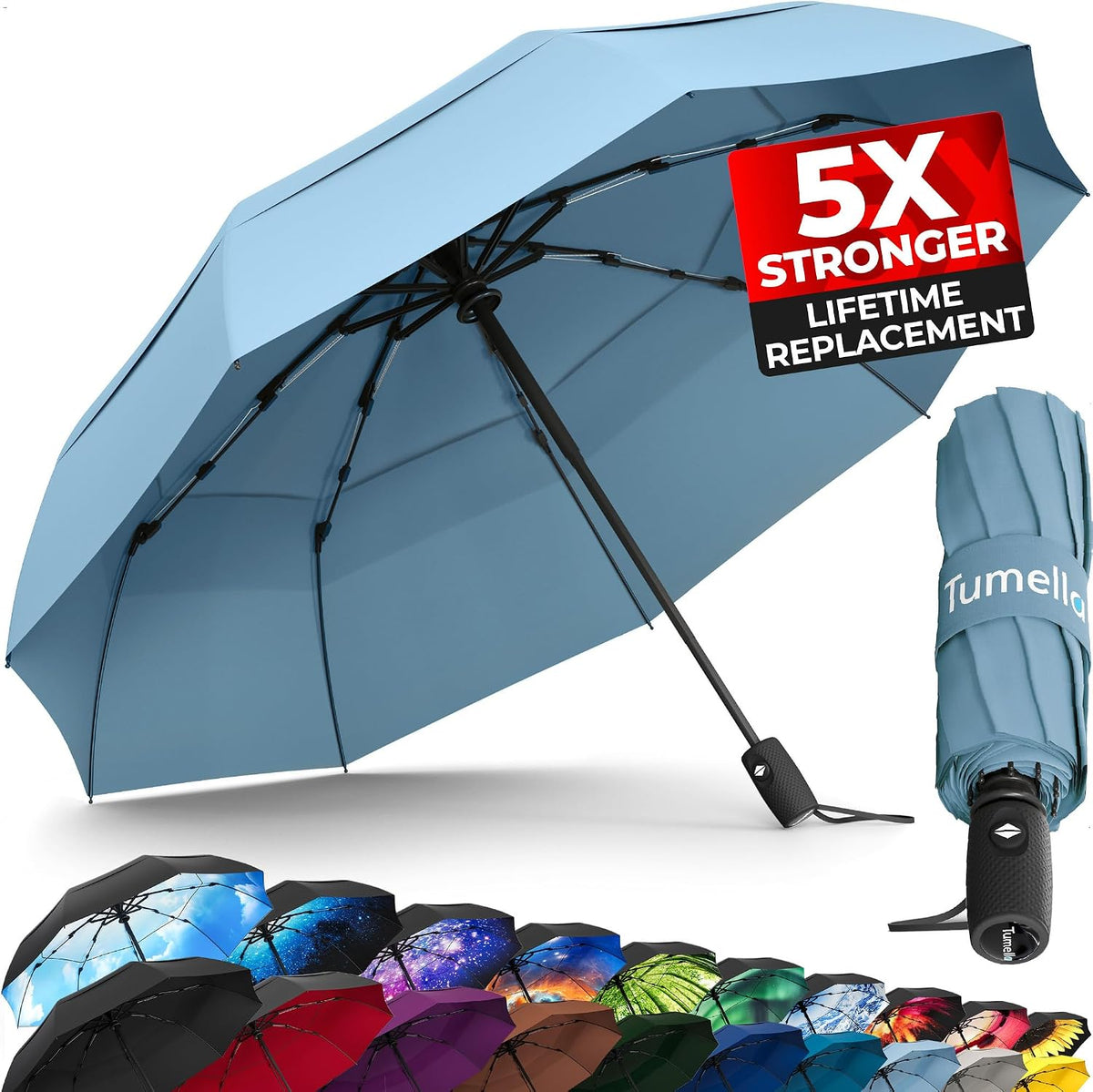 TUMELLA Strongest Windproof Travel Umbrella (Compact. 100MPH Wind-Tested) | Light. Portable. One-Handed Use. Automatic Folding Rain Umbrella. Durable. Premium Grip. Fits Car & Backpack