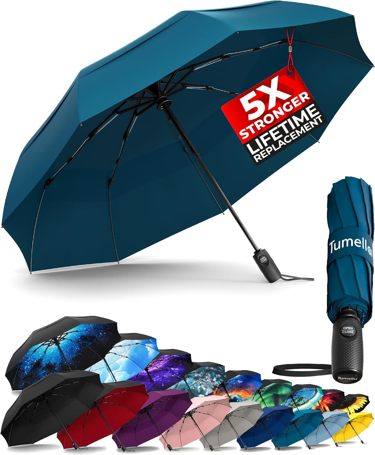 TUMELLA Strongest Windproof Travel Umbrella (Compact. 100MPH Wind-Tested) | Light. Portable. One-Handed Use. Automatic Folding Rain Umbrella. Durable. Premium Grip. Fits Car & Backpack