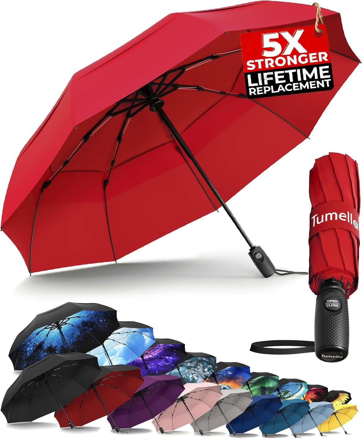 TUMELLA Strongest Windproof Travel Umbrella (Compact. 100MPH Wind-Tested) | Light. Portable. One-Handed Use. Automatic Folding Rain Umbrella. Durable. Premium Grip. Fits Car & Backpack
