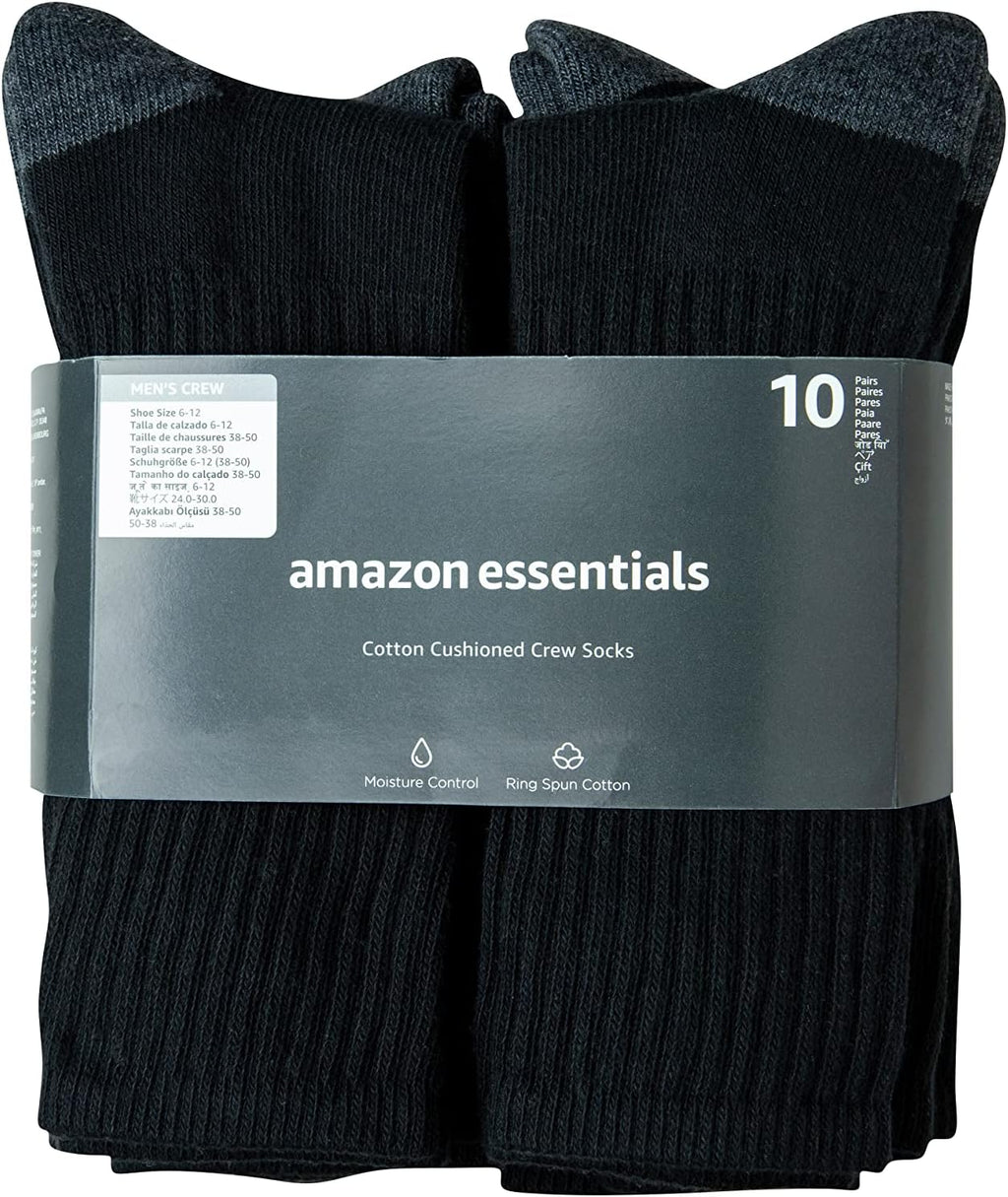 Amazon Essentials Men's Standard 10-Pack Cotton Half Cushioned Crew Socks. Black. Shoe Size
