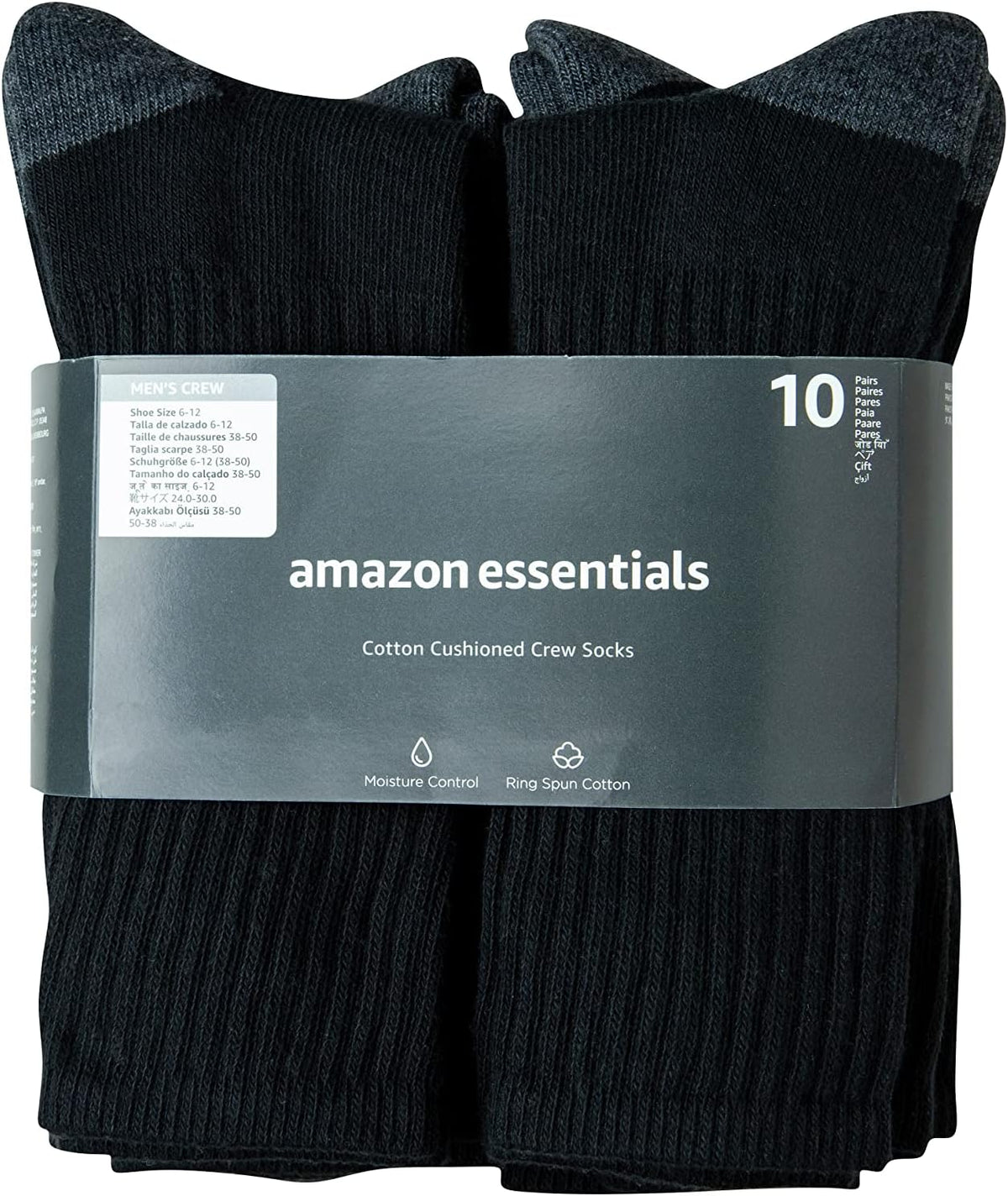 Amazon Essentials Men's Standard 10-Pack Cotton Half Cushioned Crew Socks. Black. Shoe Size