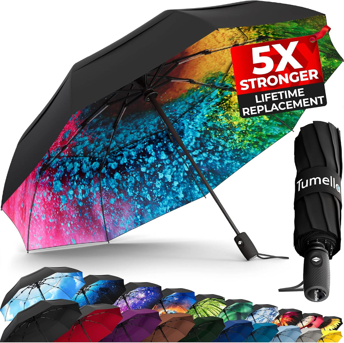 TUMELLA Strongest Windproof Travel Umbrella (Compact. 100MPH Wind-Tested) | Light. Portable. One-Handed Use. Automatic Folding Rain Umbrella. Durable. Premium Grip. Fits Car & Backpack