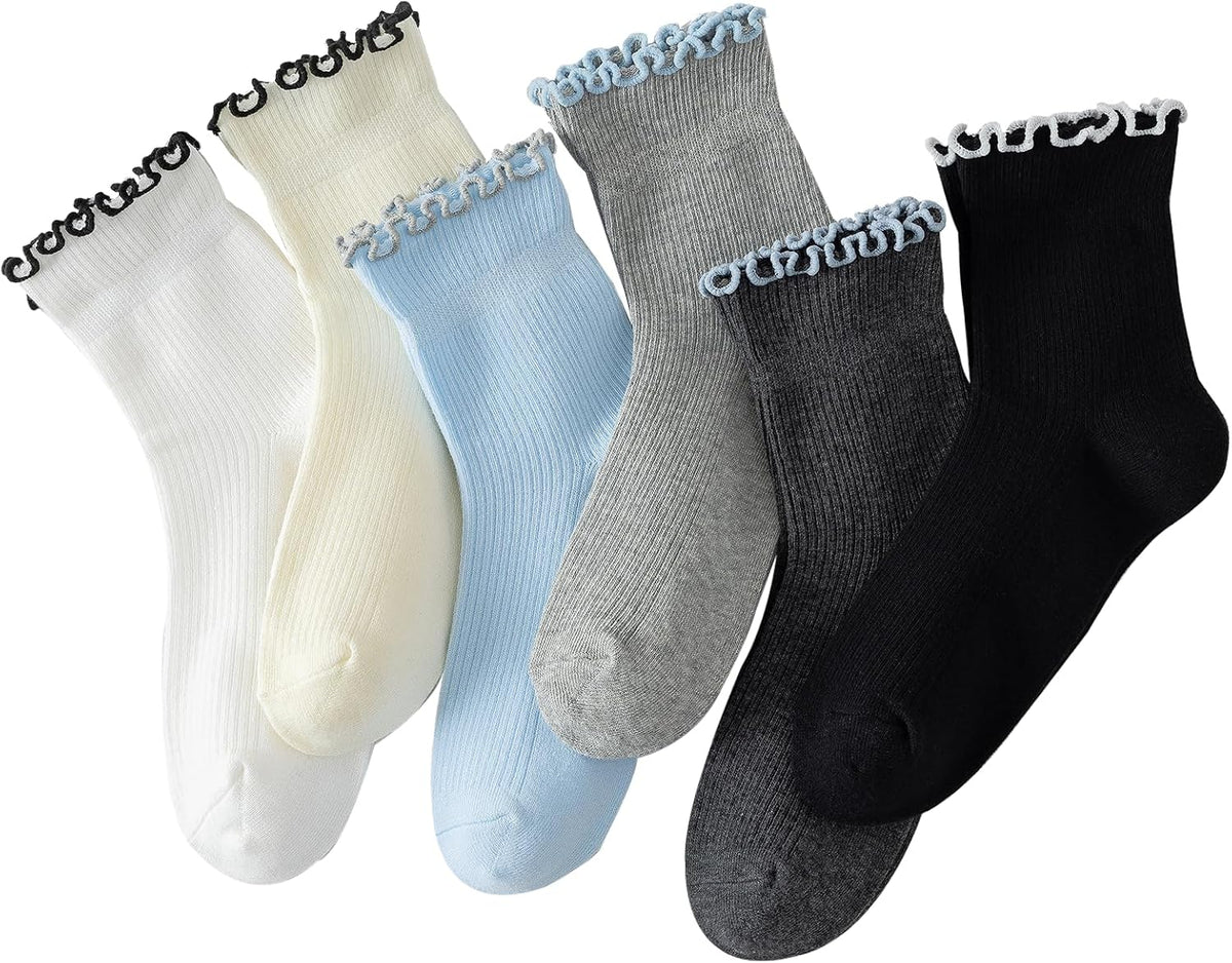 Hstyle Ruffle Socks Women. 6 Pairs of White Breathable Cool Ankle Socks