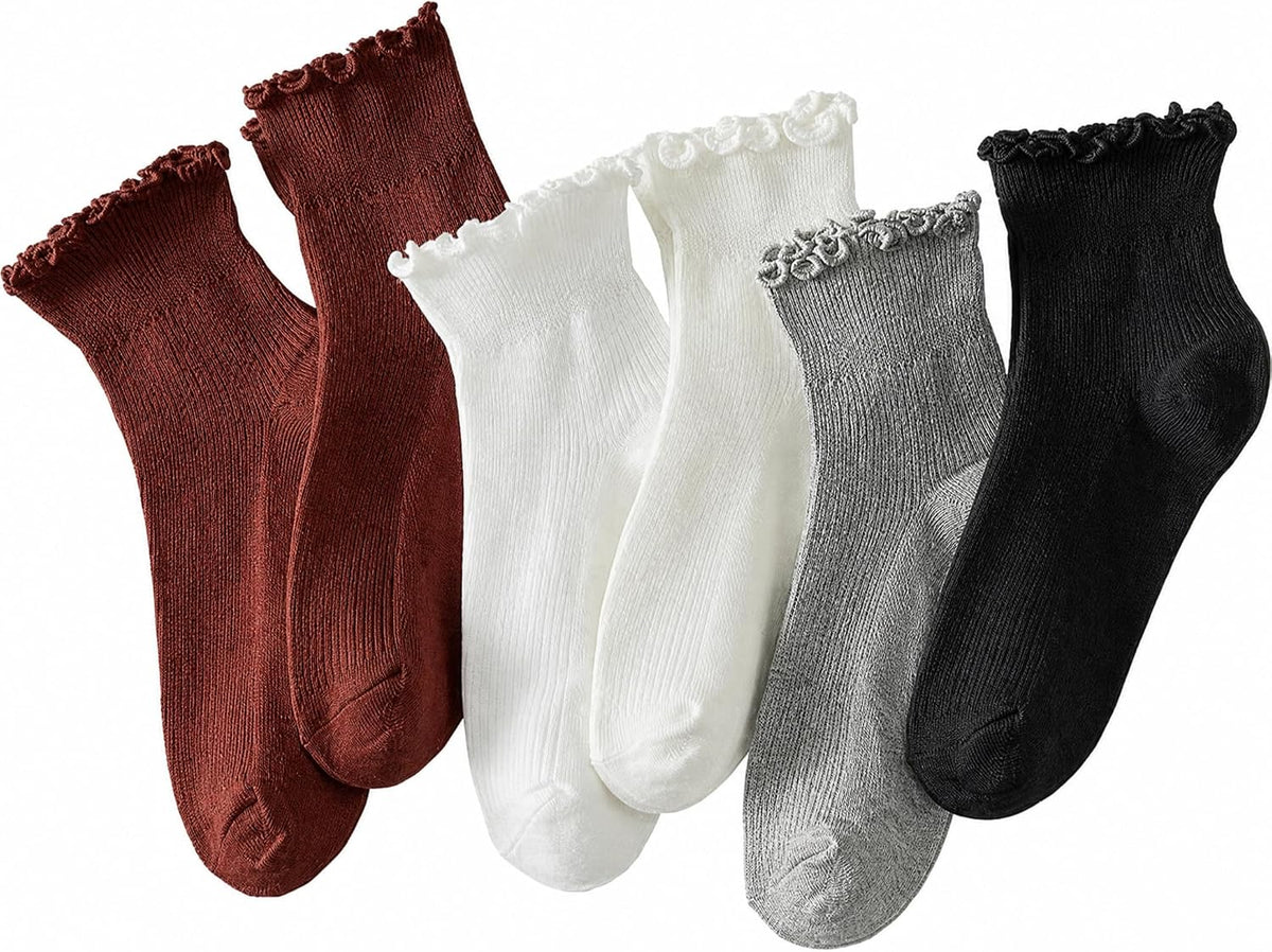 Hstyle Ruffle Socks Women. 6 Pairs of White Breathable Cool Ankle Socks